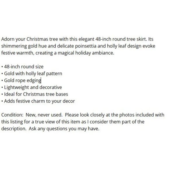 Holiday Time Gold 48-Inch Round Christmas Tree Skirt Poinsettia Holly Leaves NEW - Picture 6 of 6